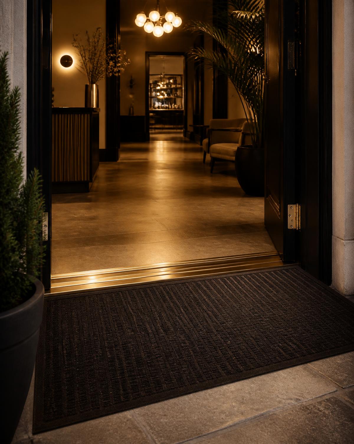 Ingresso di un boutique hotel con zerbino su misura e dettagli in ottone