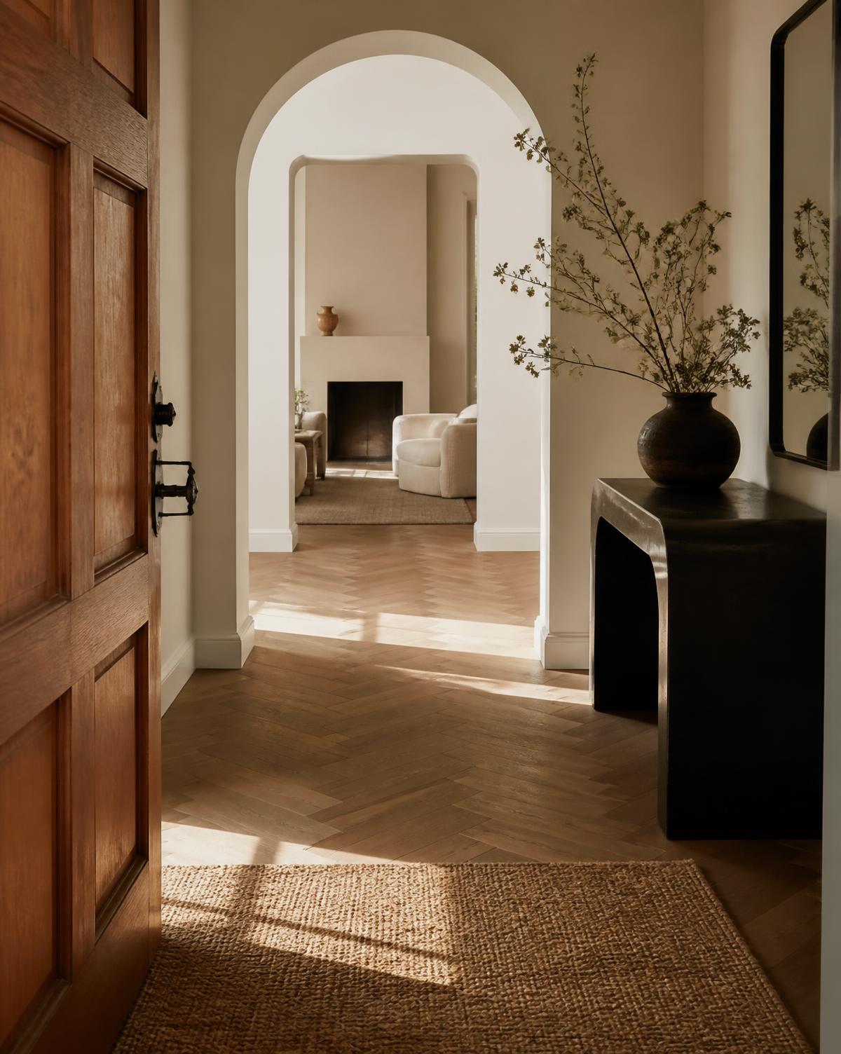 Ingresso di una casa di design con zerbino in fibra naturale su parquet